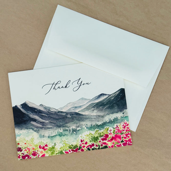 Mtns and Pink Flower Watercolor Thank You Set